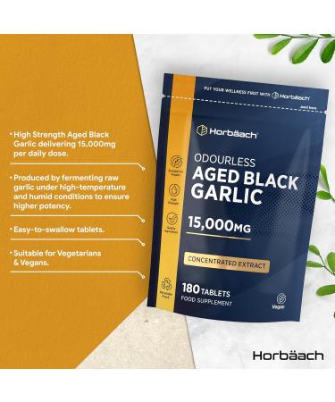 Black Garlic Tablets 15000mg | 180 Count | High Strength Odourless Concentrated Garlic Extract | Aged Black Garlic Vegan Supplement | by Horbaach - Buy Online on GoSupps.com
