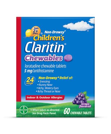 Children's Claritin Chewables 24 Hour Allergy Relief, Non Drowsy Kids Allergy Medicine, Grape Antihistamine Chewable Tablets, 60 Count