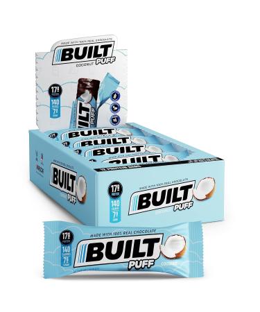 Built Bar 12 Pack High Protein and Energy Bars - Low Carb, Low Calorie, Low Sugar - Covered in 100% Real Chocolate - Delicious, Healthy Snack - Gluten Free (Coconut Puff)