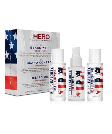 Billy Jealousy USA Hero Kit with USA Beard Wash hydrating leave-in USA Beard Control and USA Beard Oil to Cleanse Nourish Soften & Strengthen your Facial Hair
