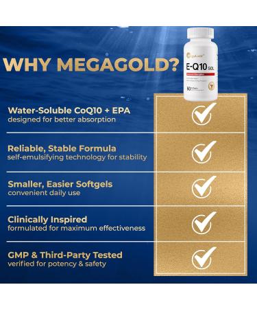 MegaGold E-Q10 Sol Advanced Absorption Fish Oil - Fish Oil with Coq10, 100mg EPA, Antioxidant for Cardiovascular Health & Energy*, Coenzyme Q 10 Supplement for Men and Women - 60 Count Softgels - Buy Online on GoSupps.com