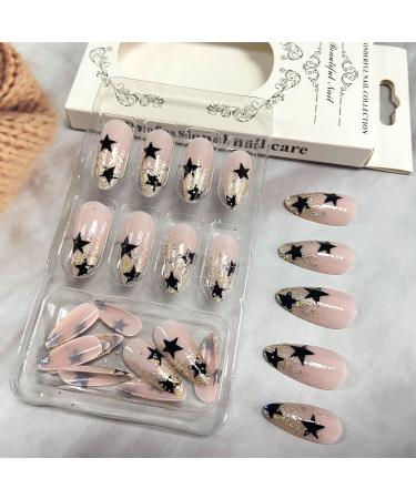 Black Star Press on Nails - Long Oval Fake Acrylic Nails with Silver Glitter Design | Reusable & DIY Manicure Decoration for Women - Buy Online on GoSupps.com