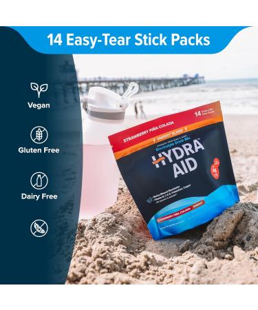 HYDRA AID Hydration Energy Powder Drink Mix | Marine-Mineral Electrolytes Vitamins B C D Low Sodium | 14 Stick Packs - Strawberry Pina Colada | Vegan Non-GMO Gluten Free - Buy Online on GoSupps.com