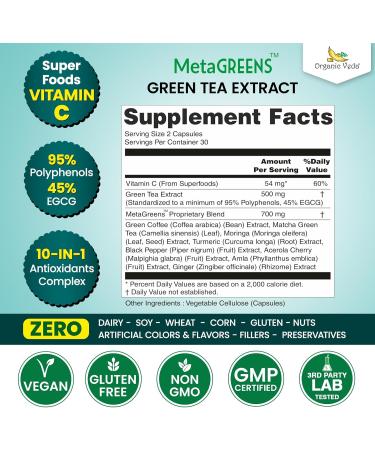 MetaGREENS Green Tea Extract Super Greens Capsule - EGCG Polyphenols Vitamin C Antioxidants 10-in-1 Energy & Metabolism Supplement - Matcha Green Tea Moringa Green Coffee Bean Turmeric 60ct - Buy Online on GoSupps.com