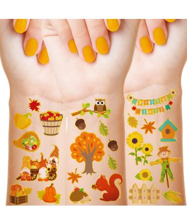 288 Pieces 48 Styles Fall Temporary Tattoos for Kids Autumn Temporary Tattoos Stickers Pumpkin Leaves Scarecrows Fake Tattoos Thanksgiving Tattoo Stickers for Children Theme Party Supplies