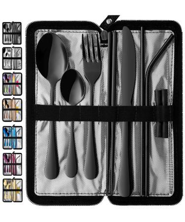 Portable Travel Utensils, Reusable Silverware with Case for Fixing Tableware, 9 Pieces Stainless Steel Stable Flatware Set, Camping Picnic Cutlery Set (Black Set)