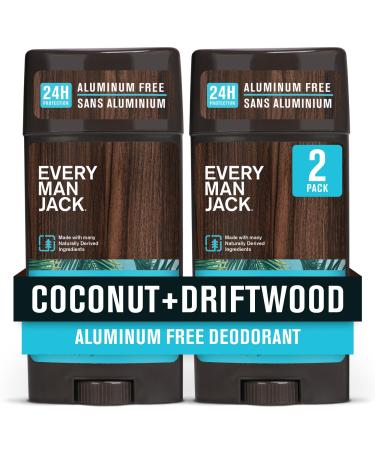 Every Man Jack Coconut Driftwood Men s Deodorant - Stay Fresh with Aluminum Free Deodorant For all Skin Types - Odor Crushing Long Lasting with Naturally Derived Ingredients - 3oz (2 Pack)