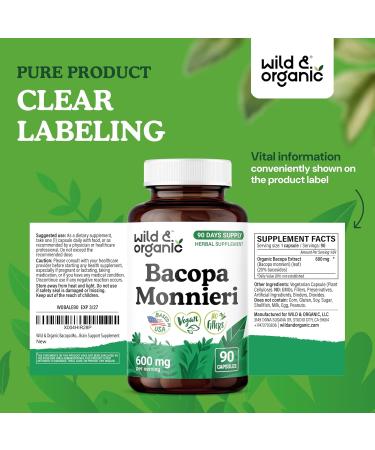 Wild & Organic Bacopa Capsules 600 mg - Brain Support - Natural Bacopa Monnieri Supplement - Brahmi Capsules - 90 Days of Supply - Vegan No Fillers Non-GMO - 90 Count 90 Count (Pack of 1) - Buy Online on GoSupps.com