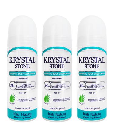 Deodorant Roll On Natural Mineral Salts with Aloe Vera (3-Pack) - CLEAR & CLEAN Beauty Formula - FRAGANCE FREE - Great for sensitive skin - Eliminates bad odor and does not stain -VEGAN Unscented