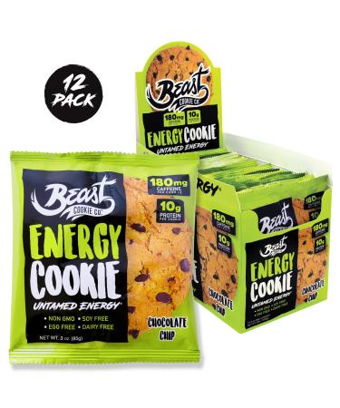Beast Energy Cookie, Protein Cookie - Contain 180mg of Caffeine & 10g of Protein, Healthy Cookies, Dairy-Free, Soy-Free, Egg-Free, Non-GMO - Chocolate Chip, 3 Ounce Cookie (Pack of 12) Chocolate Chip 3 Ounce (Pack of 12)
