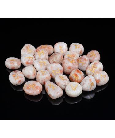 Crocon Sunstone gemstone tumbled Rune Stones Set with Elder Futhark Alphabet Engraved Symbol (25 Pcs) gift feng shui reiki stone set with a pouch & runes brochure Size :- 20-25 mm Approx - Buy Online on GoSupps.com