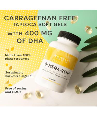 Nutru O-Mega-Zen3 Vegan Omega 3 DHA Supplement - 400 mg DHA Essential Fatty Acids - Carrageenan Free - Premium Algal Based Fish Oil Alternative Supplement - 120 Softgels - Buy Online on GoSupps.com