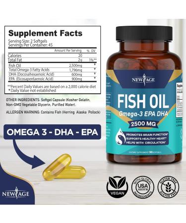 New Age Omega 3 Fish Oil 2500mg Supplement - 2 Pack, Immune & Heart Support, Joint, Eye, Brain & Skin Health - Non GMO, EPA DHA Fatty Acids, 180 Softgels, Gluten Free - Buy Online on GoSupps.com