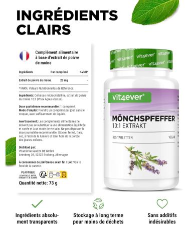 Poivre du moine - 365 comprim s - Hautement dos avec 20 mg d'extrait de poivre du moine de haute qualit (10:1) correspond 200 mg de poivre du moine pur (Vitex Agnus Castus) - Sans additif ind sir - Buy Online on GoSupps.com