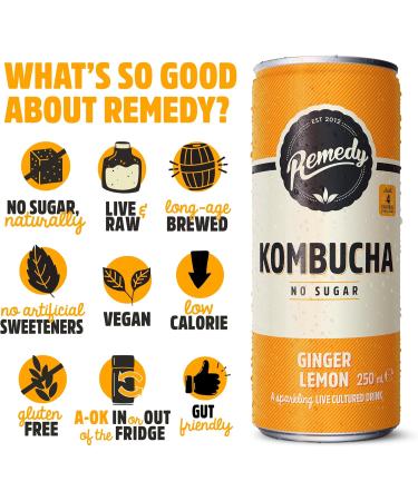 Remedy Raw Kombucha Tea Sparkling Live Cultured Drink Sugar Free Ginger Lemon - 8.45 Oz Pack Of 12 - Buy Online on GoSupps.com
