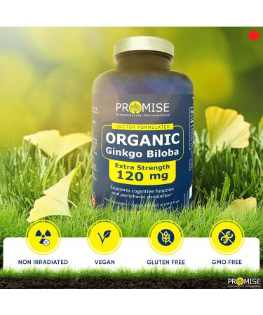 Promise Organic Ginkgo Biloba 120 Capsules Extra Strength. 120 mg Per Capsule. Maximum Strength Brain Health Wellness & Cardiovascular Support- Enhance Mental Clairty & Focus - Buy Online on GoSupps.com