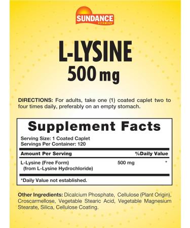 L-Lysine 500mg | 120 Caplets | Vegetarian Non-GMO Gluten Free Amino Acid Supplement | Sundance - Buy Online on GoSupps.com