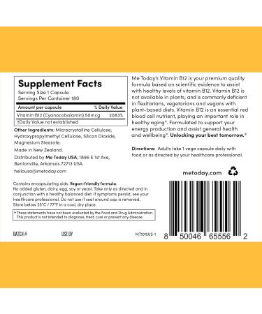 me today High-Dose Vitamin B12 50mcg Supplement - Energy Support Capsules - Cyanocobalamin for Vegan Plant-Based Diets - Red Blood Cell Formation - 180 Servings - Buy Online on GoSupps.com