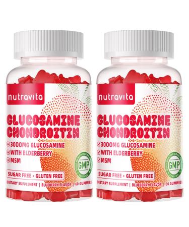 Nutravita Glucosamine Chondroitin Gummies with MSM & Elderberry Extra Strength - Joint Support Antioxidant Immune Support Supplement for Adults Men & Women.120 Strawberry Chews
