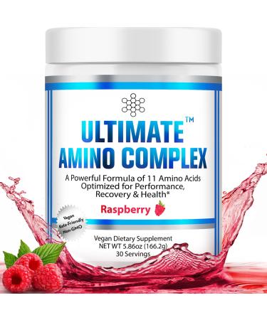 Ultimate Amino Complex Powder (Berry Flavor 30 Servings 4g Each) All 9 Essential Amino Acids Supplement with Cystine & Tyrosine - 2:1:1 BCAA Ratio - Energy Lean Muscle & Recovery - Vegan & Non-GMO Raspberry