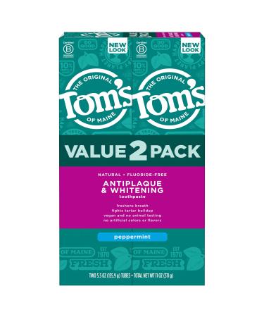 Toms of Maine Fluoride-Free Antiplaque  Whitening Natural Toothpaste Peppermint 5.5 oz. 2-Pack (Packaging May Vary) Peppermint 2 Count (Pack of 1)