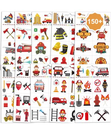 Konsait Firefighter Temporary Tattoos for Kids  150+Pcs Fire Fake Tattoo Waterproof Fireman Firetruck Tattoo Sticker for Boys/Girls Birthday Party School Fire Education Theme Party Favor Gift Supplies