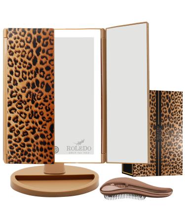 RoLeDo Makeup Mirror Vanity Mirror with Lights - 3 Color Lighting  72 LED Trifold Mirror  1X/2X/3X Magnification  Touch Control  Portable Cosmetic Lighted Up Mirror  Gifts for Women  Cheetah Print Modern Leopard Print Se...
