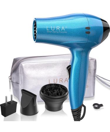 LURA Travel Hair Dryer with Diffuser and Concentrator:Mini Blow Dryer with European Plug Small Dual Voltage Portable Hairdryer with Travel Bag Compact Lightweight 1200W Blowdryer for Men and Kids Blue