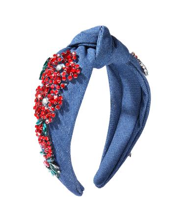 GLBCC Flower Knot Headband Rhinestone Crystal Flower Knotted Hairband Headpiece Wide Vintage Head Band for Women Spring Summer Hairpiece Hair Accessories Gift (blue flower hairband)