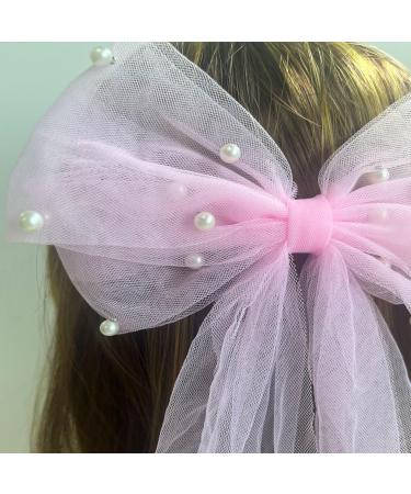 Golden Apple Pearl Bow Hair Clips Bridal Veil Wedding Tulle Big Bow with Clip Bowknot Spring Snap Hair Barrettes for Women (Pink) - Buy Online on GoSupps.com