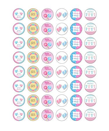 48 Pink & Blue Baby Shower Edible Wafer Paper Round Cake Toppers Decorations