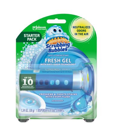 Scrubbing Bubbles Toilet Bowl Cleaning Gel Starter Kit, Includes Dispenser and Gel, Glade Rainshower Scent, 6 Stamps