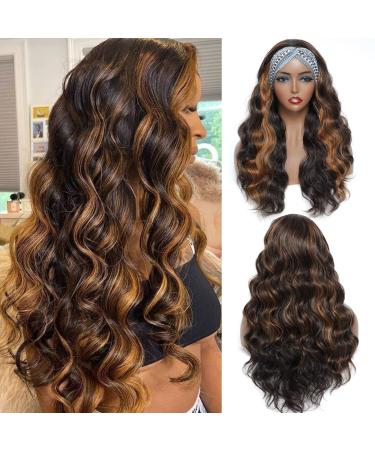 Brown Headband Wig 24 Inch Long Wavy Headband Wigs for Black Women Dark Brown Mix Blonde Highlights Loose Wave Headband Wig Synthetic Long Wigs for Women and Girls Daily Party Wear (P6/3027) Brown 26 Inch (Pack of 1)