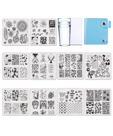 Nail Stamping Plate Gel Set - 23 pcs Kit with 10 Stamping Plates, 10 Colors Stamp Gel, Nail Stamper, Scraper, Storage Bag - Leaf, Flower, Animal, Butterfly, Holiday Lace Design - Square Nail Stamping Plates - Buy Online on GoSupps.com