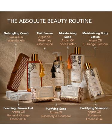 Women's Argan Oil Beauty Set - Shampoo Shower Gel Hair Serum Body Lotion & Wooden Comb | Nourishing & Energizing Routine | Vegan & Cruelty-Free | All Hair/Skin Types - Shop Internationally - Buy Online on GoSupps.com