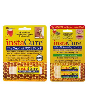 Nose Balm Heals Nasal Irritation Ultra-Moisturizing Lip Repair Balms Vanilla Bean & Peppermint with Manuka Honey Vitamin E Shea Butter Aloe Vera Oil 3-Pack Value Set. Nose And Lip Balm Bundle