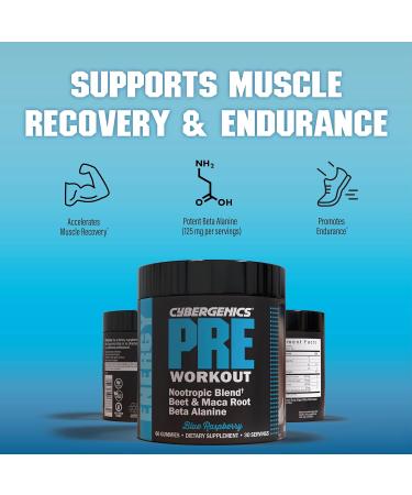 Cybergenics Pre Workout Gummies Supports Energy Levels Boosts Performance Beta Alanine Green Tea Extract Nootropic Blend for Focus Natural Beet Root Blue Raspberry 60 Gummies 30 Servings - Buy Online on GoSupps.com