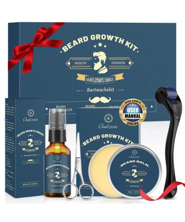 Beard Growth Kit - Oukzon Beard Roller for Growth Beard Grooming Kit for Men Beard Growth Oil Beard Balm Shaving Scissors Birthday Gifts for Men Dad and Boyfriend