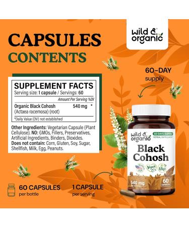 Wild & Organic Black Cohosh Capsules 540 mg - Menopause Supplements for Women - Black Cohosh Root Supplement - Actaea Racemosa Herb - 60 Days of Supply - Vegan No Fillers Non-GMO - 60 Count 60 Count (Pack of 1) - Buy Online on GoSupps.com