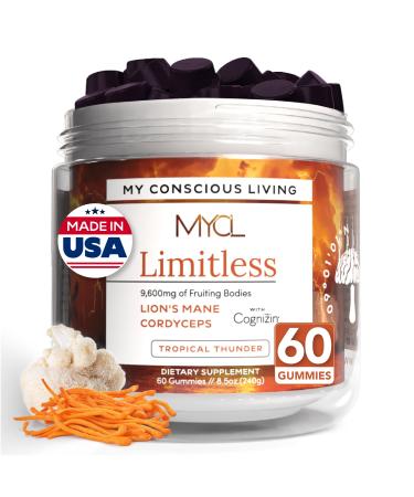 MYCL Limitless 320 mg Cordyceps and Lions Mane Mushroom Gummies for Kids and Adults with 180 mg Cognizin Citicoline - Focus Mental Clarity Energy Support - Vegan Organic Gluten-Free - 30 Servings