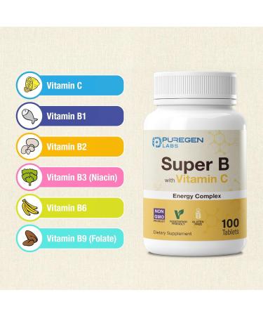 Puregen Labs Super B Energy Complex with Vitamin C - Immune Health Energy & Nervous System Support - Non-GMO Gluten-Free 100 Vegetarian Tablets - Buy Online on GoSupps.com