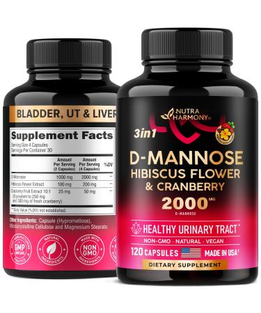 D-Mannose 2000mg Capsules - 3-in-1 Urinary Tract Health Supplement - Natural Bladder Liver & Digestive Support with Cranberry & Hibiscus Flower - Made in USA - for Women & Men - 120 Vegan Pills