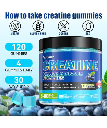 Creatine Monohydrate Gummies for Men & Women Increase Strength and Build Muscle Energy & Booty Gain Preworkout Supplement Sugar Free Vegan Chewables Blueberry Flavor-120 Count - Buy Online on GoSupps.com