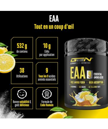  GEN GERMAN ELITE NUTRITION EAA powder 532g (38 servings) - The 9 essential amino acids incl. histidine & BCAA - Human Code formula - Vegan - Very good solubility - Refreshing amino acid drink (Ice Tea Lemon) - Buy Online on GoSupps.com