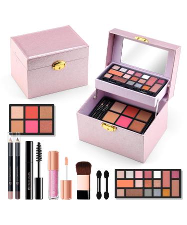 Color Nymph Beginner Makeup Kit For Teens Girls Makeup kits With Recyclable And Key-Lockable Cabinet Included 17-Colors Eyeshadows Blushes Bronzer Highlighter Lipstick Brushes Mirror(Pink) Double Layer Pink