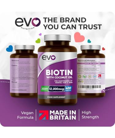 Biotin Hair Growth Supplement 12 000mcg with Coconut Oil | 400 High Strength Tablets for - 13 Month Supply Vitamin B7 Supports Normal Skin & Made in UK by EVO Nutrition - Buy Online on GoSupps.com