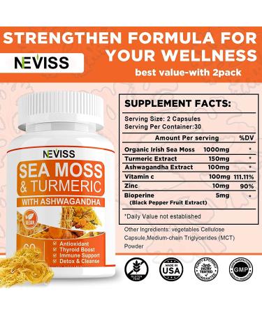 Organic Sea Moss Capsules 2 Pack - New Formula with Turmeric & Ashwagandha - Rich in Iodine - Immune & Digestive Support - Thyroid Supplement - Gut Cleanse - Seamoss Pills - 120 Capsules - Buy Online on GoSupps.com