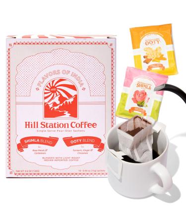 Indian Pour Over Coffee Sampler Gift Set by Hill Station Coffee - 10 Single Serve Coffee Blends, 5 Shimla Blend & 5 Ooty Blend - Low Acidity & Anti-Inflammatory - Tasting Pack From Around The World