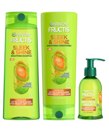 Garnier Fructis Sleek & Shine Shampoo, Conditioner + Anti-Frizz Serum Set for Frizzy, Dry Hair, Argan Oil (3 Items), 1 Kit (Packaging May Vary) 3 Piece Set
