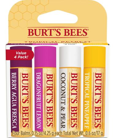 Burt's Bees 100% Natural Origin Moisturizing Lip Balm, Tropical Pineapple, Berry Agua Fresca, Dragon Fruit Lemon and Coconut and Pear, 4 Tubes Tropical 4 Count